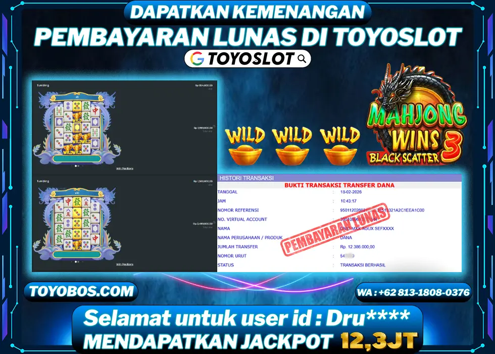 TOYOSLOT - BUKTI KEMENANGAN Mahjong Wins 3 Dru**** Rp12,386,000,- LUNAS
